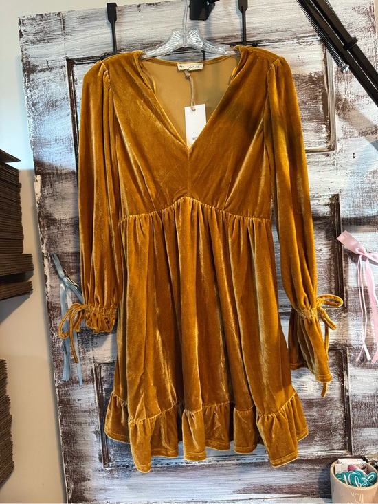 new in Dresses & Skirts - Velvet (faux) V-Neck Long-Sleeve Dress in Mustard